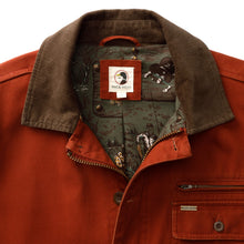 Load image into Gallery viewer, Duck Head barn coat detail showing corduroy collar, brass zipper, and duck-print lining