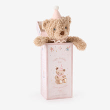 Load image into Gallery viewer, Fluffy brown birthday bear plush toy wearing party hat emerging from decorative pink gift box