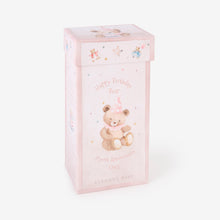 Load image into Gallery viewer, Elegant Baby Happy Birthday Bear gift box with illustrated teddy bear in party hat
