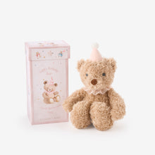 Load image into Gallery viewer, Elegant Baby Happy Birthday Bear plush toy with party hat beside its decorative gift box