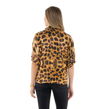 Load image into Gallery viewer, Back view of woman wearing leopard print button-up top with ruched sleeves and dark jeans