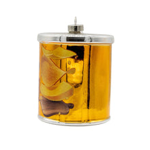 Load image into Gallery viewer, Holiday glass ornament shaped like a Pringles Cheddar Cheese can with metallic finish and hanging loop