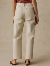 Load image into Gallery viewer, Back view of wide-leg cream denim trousers with welt pockets and contrast stitching
