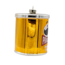 Load image into Gallery viewer, Miniature glass Christmas ornament shaped like a Pringles Cheddar Cheese can with hanging loop