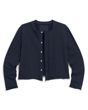 Load image into Gallery viewer, Frank &amp; Eileen navy snap-button cardigan sweatshirt with raw edges, laid flat
