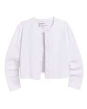 Load image into Gallery viewer, Frank &amp; Eileen white cropped button-front cardigan with scalloped edge and long sleeves