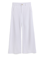 Load image into Gallery viewer, High-waisted wide-leg white trouser sweatpants with front pockets and gold button