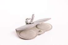 Load image into Gallery viewer, Open gray leather eyeglass case with suede interior lining and snap closure, shown from above