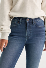 Load image into Gallery viewer, Close-up detail of high-rise straight leg jeans with five-pocket styling and button closure