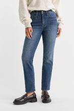 Load image into Gallery viewer, Model wearing high-rise straight leg jeans with loafers and cream sweatshirt, front view