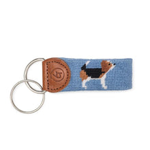 Load image into Gallery viewer, Needlepoint keychain featuring a beagle dog motif on blue canvas with leather tab and two silver rings