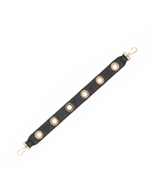 Load image into Gallery viewer, Black leather bag strap with gold grommet eyelets and gold swivel clasp hardware