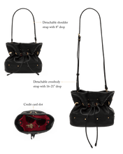 Load image into Gallery viewer, Hammitt Gianna bucket bag in pebbled leather with drawstring closure and gold hardware, shown in three views