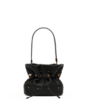 Load image into Gallery viewer, Hammitt Gianna small black leather drawstring bucket bag with gold hardware and top handle