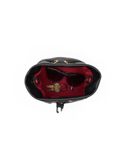 Load image into Gallery viewer, Top-down view of open black leather bag with red interior, sunglasses and keys inside