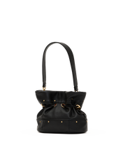 Load image into Gallery viewer, Hammitt Gianna black leather drawstring bucket bag with gold stud hardware and single shoulder strap