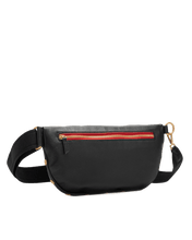 Load image into Gallery viewer, Back view of black leather crossbody bag with red zip pocket and gold hardware