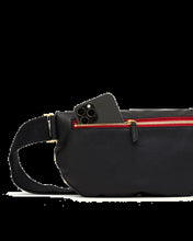 Load image into Gallery viewer, Black leather crossbody bag with gold zipper and red lining, smartphone tucked inside front pocket
