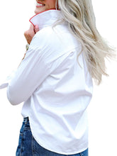 Load image into Gallery viewer, Back view of a white button-down shirt with red collar trim on a blonde model