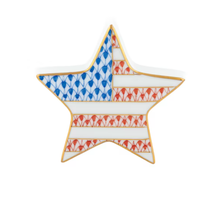 Load image into Gallery viewer, Star-shaped porcelain dish decorated with American flag motif in fishnet pattern