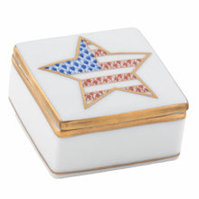 Load image into Gallery viewer, Herend porcelain trinket box with gold trim and patriotic star motif on lid