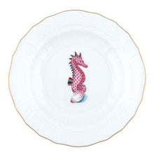 Load image into Gallery viewer, Herend fine porcelain dessert plate featuring a hand-painted raspberry-colored seahorse motif with gold rim