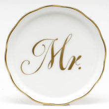 Load image into Gallery viewer, Herend white porcelain coaster with gold script Mr. lettering and scalloped gold rim