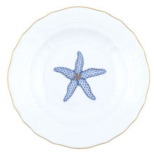 Load image into Gallery viewer, Herend fine porcelain dessert plate featuring hand-painted blue fishnet starfish motif with gold trim