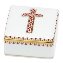 Load image into Gallery viewer, Herend porcelain prayer box with gold-trimmed cross and rust fishnet pattern on lid