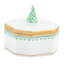 Load image into Gallery viewer, Octagonal white porcelain keepsake box with gold trim and miniature Christmas tree finial on lid