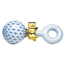 Load image into Gallery viewer, Herend porcelain baby rattle with blue fishnet pattern, gold bow accent, and ring handle