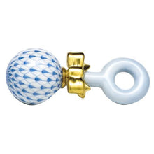 Load image into Gallery viewer, Herend porcelain baby rattle with blue fishnet pattern sphere and gold bow accent