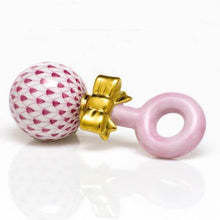 Load image into Gallery viewer, Herend porcelain baby rattle with fishnet pattern, gold bow, and pink ring handle