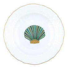 Load image into Gallery viewer, White porcelain dessert plate with gold rim and colorful green scallop shell motif center