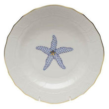 Load image into Gallery viewer, Herend fine porcelain dessert plate featuring a blue fishnet starfish motif with gold rim