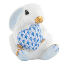 Load image into Gallery viewer, Herend porcelain bunny figurine holding a blue fishnet-patterned heart with gold accents
