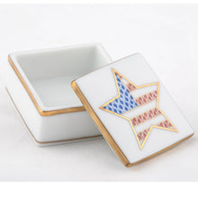 Load image into Gallery viewer, Herend porcelain trinket box with gold trim and star motif in red and blue