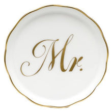 Load image into Gallery viewer, Herend porcelain coaster with elegant gold script Mr. lettering and scalloped gold rim