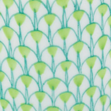 Load image into Gallery viewer, Close-up detail of Herend Snow Globe pattern featuring teal arches with lime green fan motifs