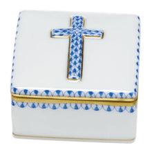 Load image into Gallery viewer, Herend porcelain prayer box with blue fishnet pattern and gold cross on lid