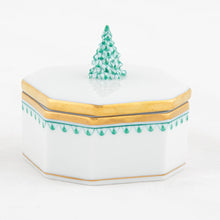 Load image into Gallery viewer, Herend octagonal porcelain box with gold trim and green Christmas tree finial on lid