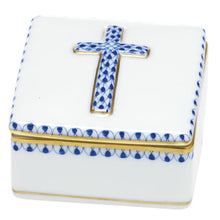 Load image into Gallery viewer, Herend porcelain prayer box with raised cobalt blue fishnet cross and gold trim