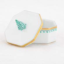Load image into Gallery viewer, Herend octagonal porcelain box with lid featuring green fishnet Christmas tree motif and gold trim