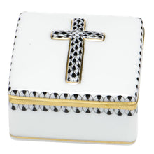 Load image into Gallery viewer, Herend porcelain prayer box with raised cross decorated in black fishnet and gold trim