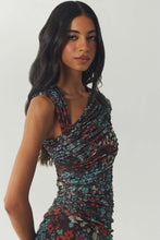 Load image into Gallery viewer, Model wearing ruched floral mesh midi dress with cowl neckline and sleeveless design