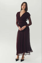 Load image into Gallery viewer, Model wearing a long-sleeve V-neck mesh midi dress with ruched waist detailing