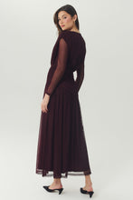 Load image into Gallery viewer, Back view of a midi-length long-sleeve mesh dress with ruched bodice and flared skirt