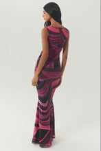 Load image into Gallery viewer, Back view of a model wearing a sleeveless abstract-print maxi dress with ruched side detail