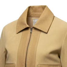 Load image into Gallery viewer, Close-up detail of a zip-front jacket with spread collar and front patch pockets
