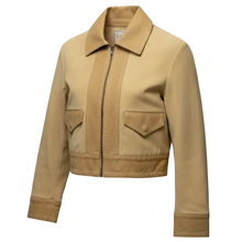 Load image into Gallery viewer, Cropped zip-up bomber jacket with point collar, dual flap pockets, and ribbed cuffs